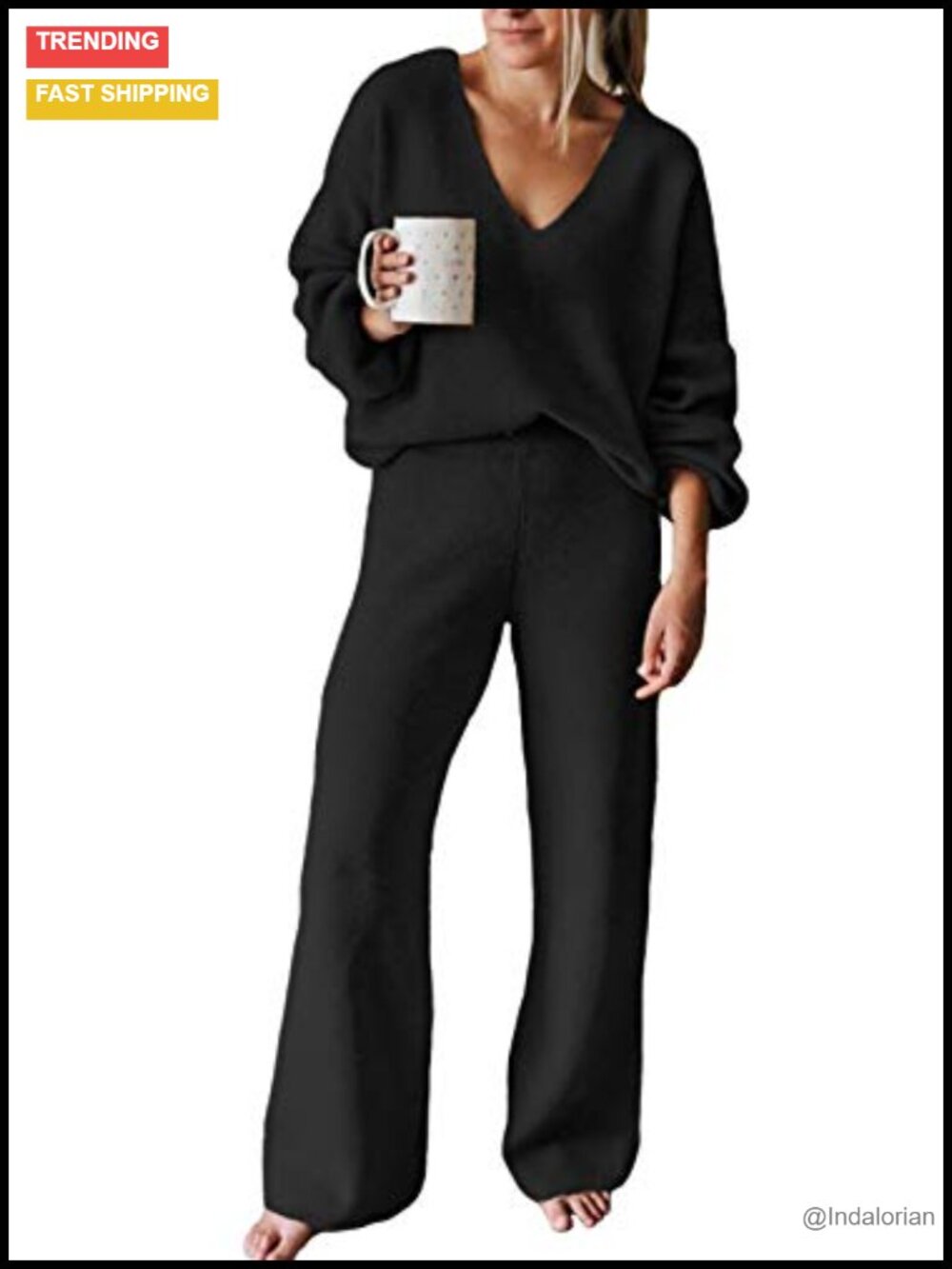 Ribbed Knit V Neck Sweater & Wide Leg Pants 2 Piece Lounge Set